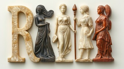 Elegant Statues Representing Classical Figures Against Letter R Background, Symbolizing History, Art, Culture, and Timeless Beauty in Contemporary Design