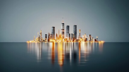 Naklejka premium Oil price index concept. Futuristic city skyline reflecting on water surface.