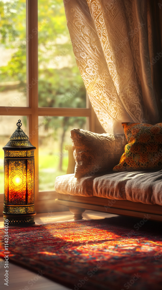 Poster luminous oriental lantern illuminating a comfortable sofa beside a window in a cozy interior during 