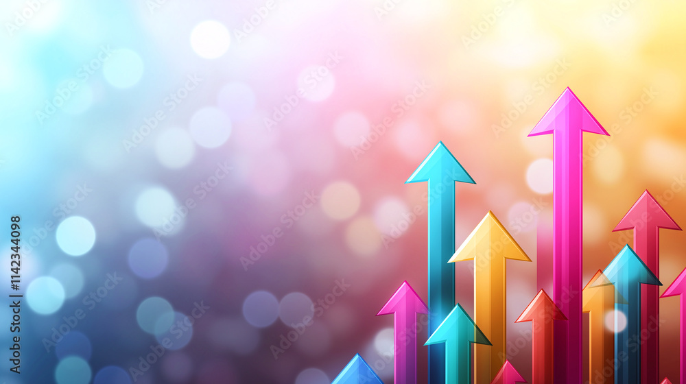 Poster colorful arrows pointing upwards on vibrant abstract background, symbolizing growth and progress. bl