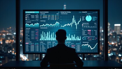 Businessman analyzing investment portfolio on digital screen in high-rise office with night view