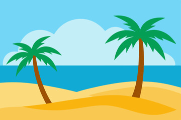 Minimalist Tropical Beach Illustration with Calm Waves and Golden Sand