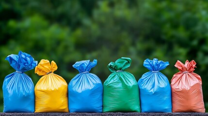 Several black garbage bags are tied and lined up, emphasizing waste management.