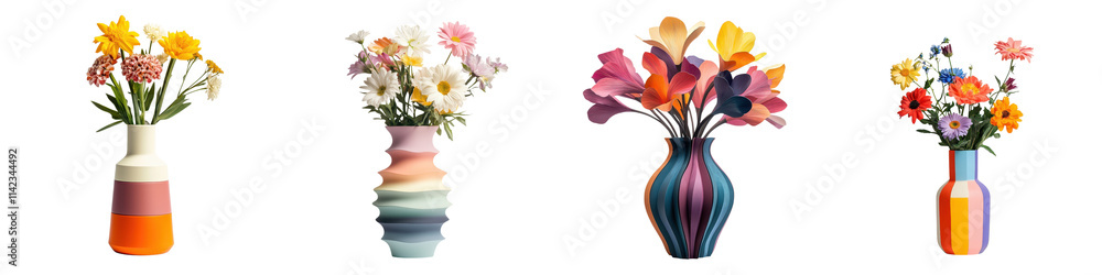 Poster deconstructed modern vase with segmented layers in various colors and textures holding a beautiful f