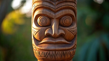 wooden tiki statue with carved face