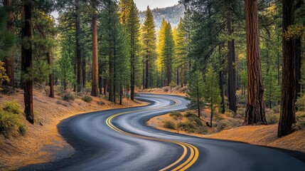 Obraz premium Winding Road Through Lush Green Forest Under Golden Autumn Light