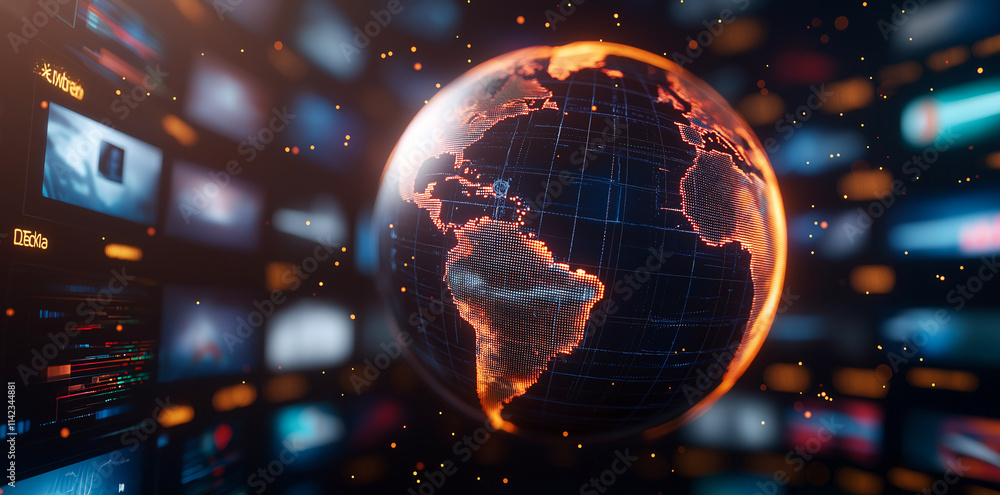 Poster digital representation of earth surrounded by vibrant screens displaying data and information. globe