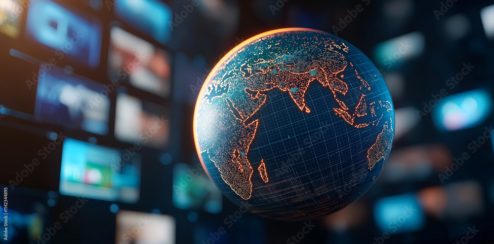 Poster digital representation of earth with glowing outlines, surrounded by screens displaying various medi