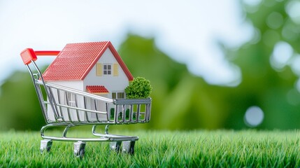 Miniature houses in shopping carts symbolize home ownership and investment.