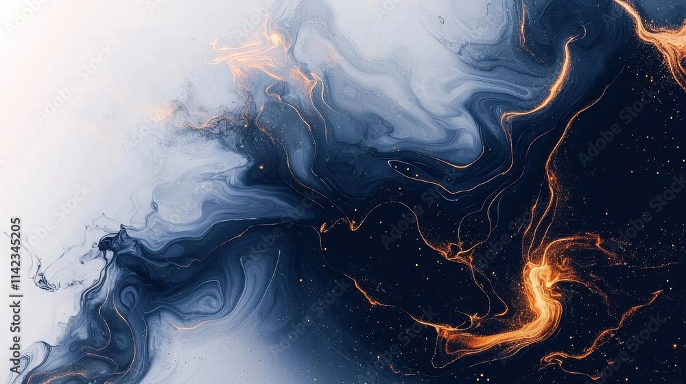 Poster abstract fluid art with dark blue and orange swirls creating a dynamic visual effect