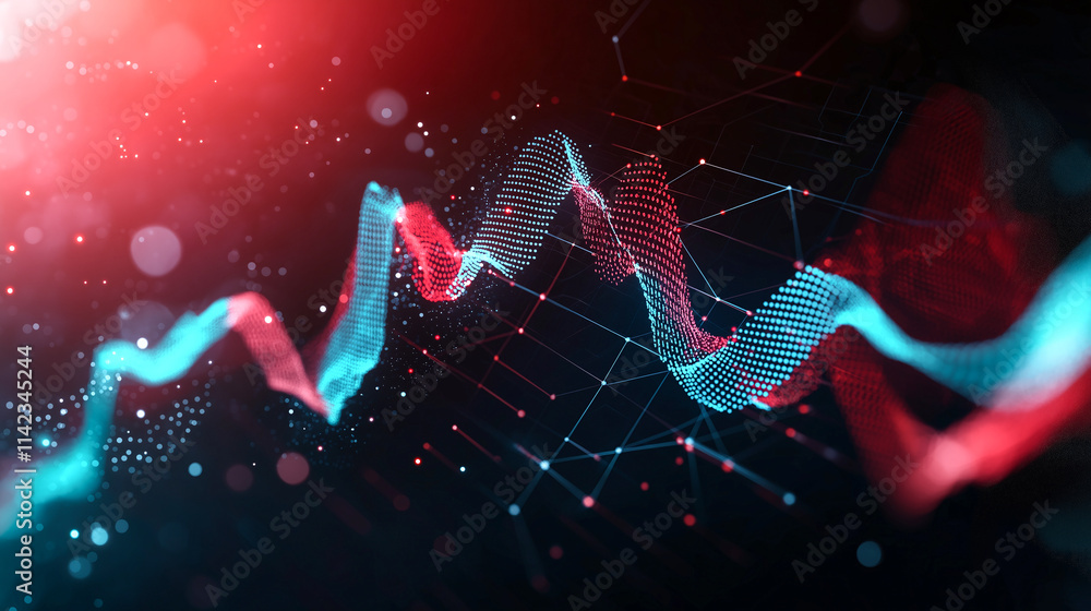 Poster abstract stock market graph with vibrant red and blue waves, representing data trends and fluctuatio