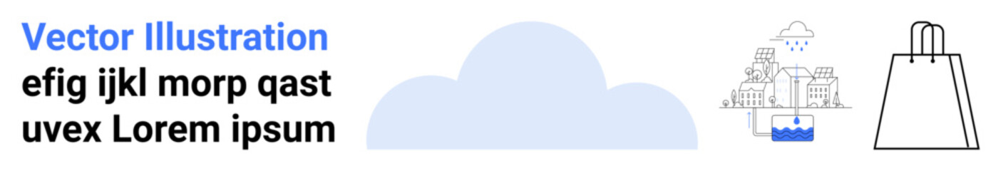 Large blue cloud icon, modern cityscape with bridge and water, outline of a shopping bag. Ideal for tech services, cloud storage, online retail, smart cities, urban planning, sustainability digital