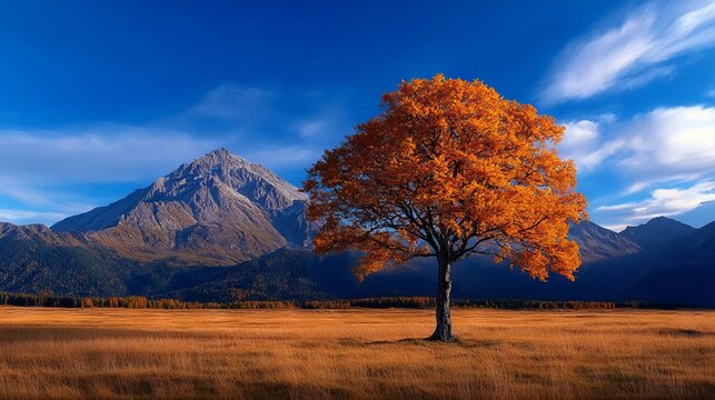 A lone tree in the middle of a field with mountains in the background - Powered by Adobe