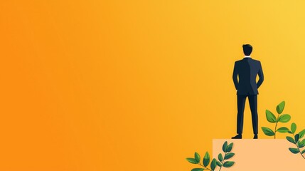 Obraz premium A silhouette of a man in a suit stands on a platform against an orange background, symbolizing success.