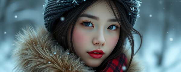 Romantic Winter Mood - Serene Asian Woman Under Snowflakes' Magic
