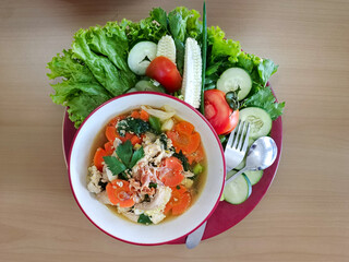 Capcay, stir fried vegetables with shrimp, meatballs and chicken, a popular stir fried dish that originates from Chinese cuisine.