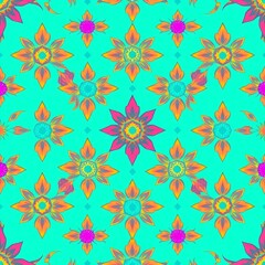 Vibrant Floral Pattern: A seamless pattern of stylized flowers in a vibrant teal, orange, and pink color scheme, creating a cheerful and energetic design. Perfect for fashion, home decor.