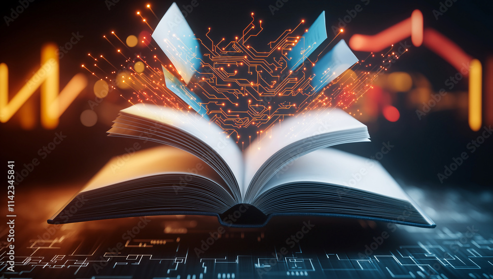 Poster open book with colorful glowing pages and digital circuits emerging, symbolizing knowledge and techn