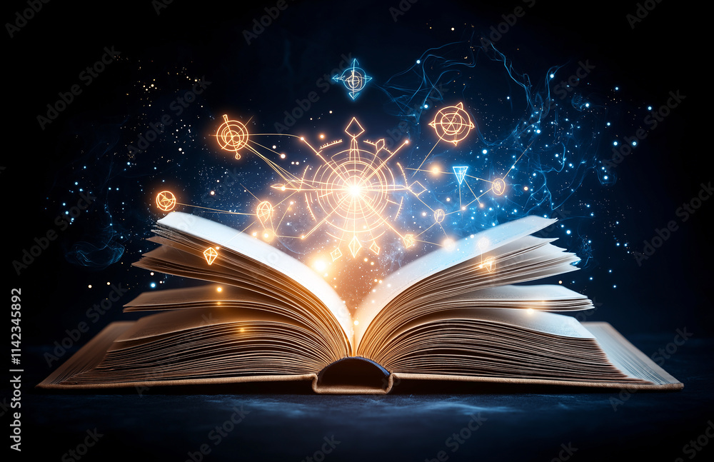 Poster open book with glowing pages emits magical symbols and light, creating captivating atmosphere of won