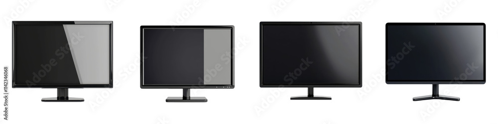 Poster four sleek and contemporary computer monitors in black and gray tones arranged against a clean white