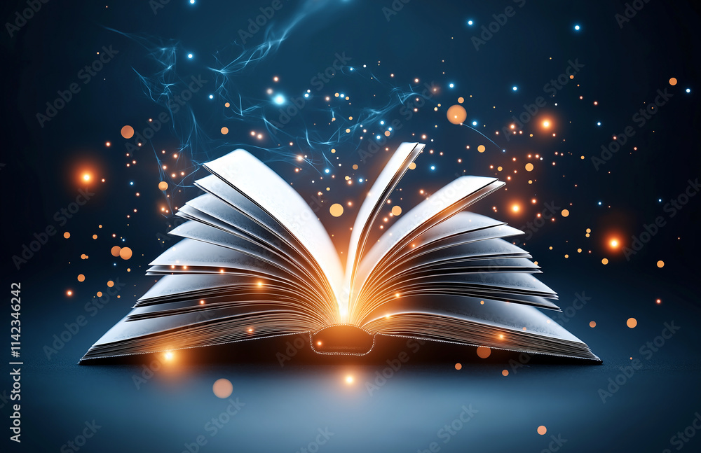 Poster open book with glowing pages and magical sparks illuminating dark background creates captivating and