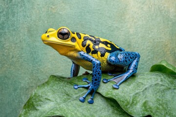 Obraz premium A colorful dart frog climbing a tall leaf, its bold hues striking against the green jungle backdrop