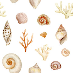Seashells and corals in a seamless pattern. Watercolor illustration isolated from background.