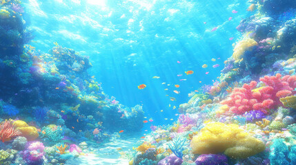 Naklejka premium Vibrant coral reef teeming with colorful fish and glowing corals, showcasing beauty of underwater life. scene is illuminated by sunlight filtering through water
