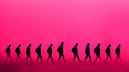 On a vibrant, abstract background are silhouettes of people walking together, symbolizing unity, teamwork, and collective effort.