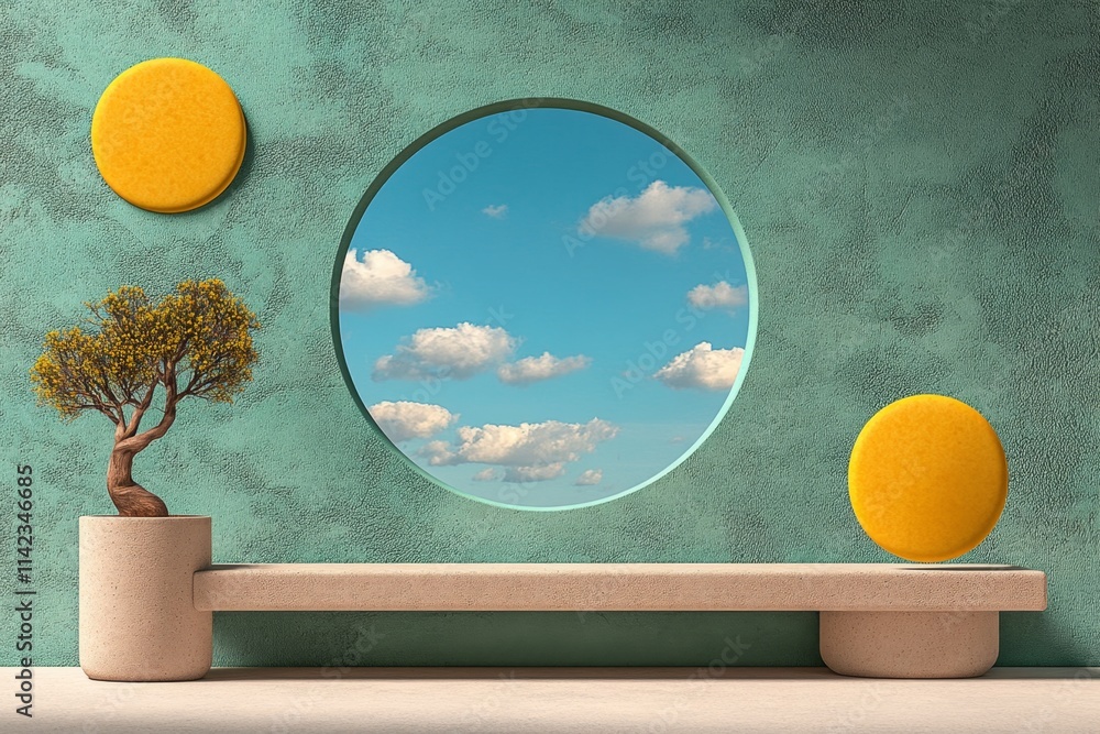 Poster a conceptual design of a window frame, reduced to clean lines and blocks of light pastel colors, evo