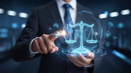Fototapeta premium Businessman touching virtual AI ethics symbol of justice. AI Ethics and Law Concept: Developing Codes of Ethics and Ensuring Compliance in Machine Learning