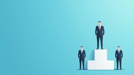Three business figures, one elevated, symbolize leadership and success in a corporate context.