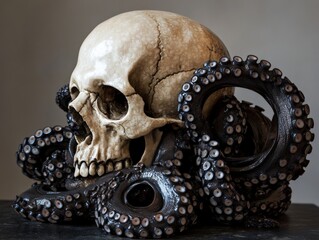 Fototapeta premium a skull and octopus tentacles on a gray surface