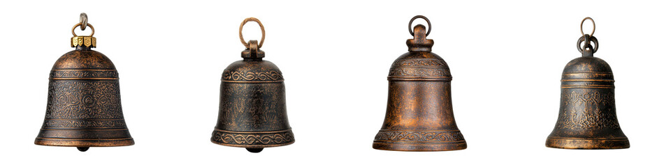 Ornate vintage bronze church or temple bells hanging in an old wooden belfry tower structure  The antique bells have intricate engraved patterns and designs symbolizing religion history