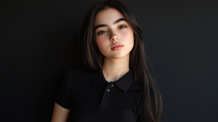 Fototapeta premium Portrait of a young woman with long dark hair, wearing a black polo shirt against a black background. Ideal for fashion, beauty, or minimalist websites needing a sophisticated female image.
