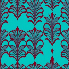 Teal and Burgundy Damask Seamless Pattern: An elegant and sophisticated design featuring a repeating pattern of stylized floral motifs in teal and burgundy. Perfect for various design applications. 