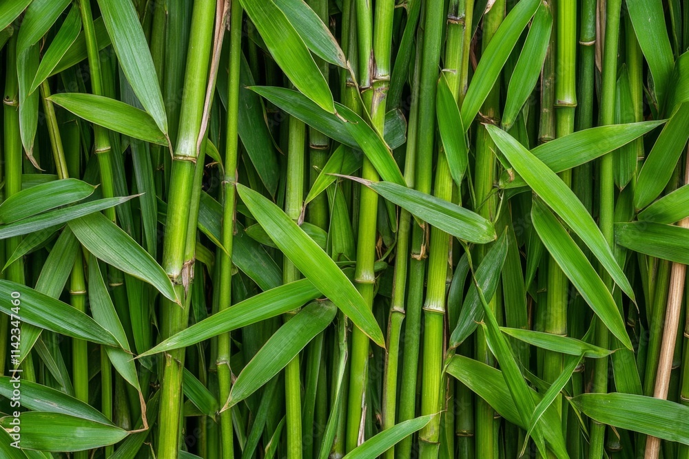 Poster a dense bamboo forest with tall stalks creating natural tunnels of green, and light gently filtering