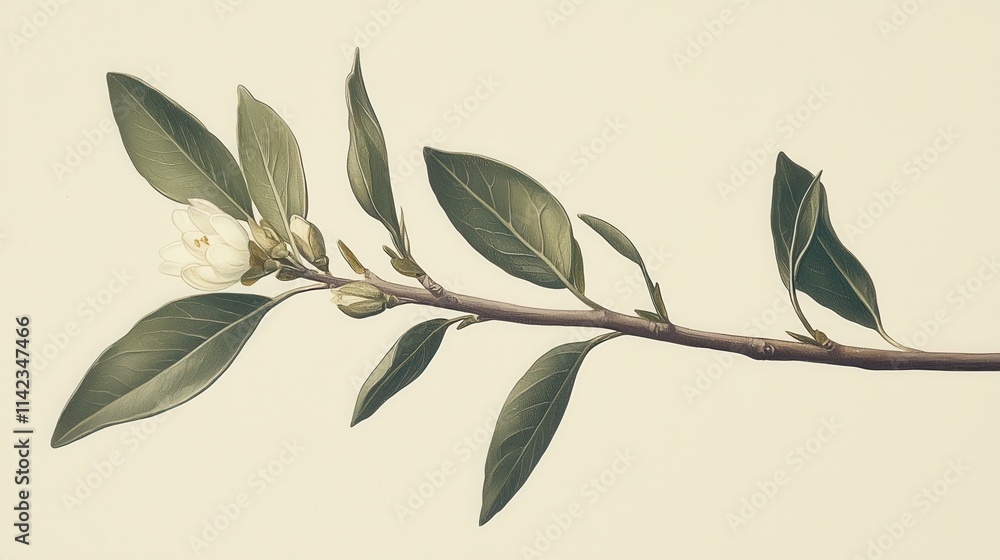 Poster Elegant Flowering Branch with Soft Green Leaves on Neutral Background for Design Projects