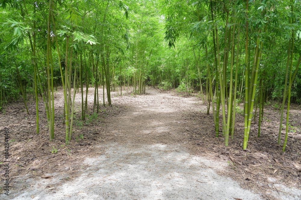 Poster a dense bamboo forest with tall stalks creating natural tunnels of green, and light gently filtering