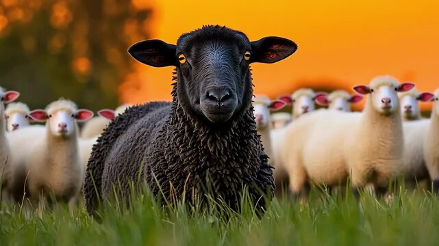 Imagine a field filled with white sheep grazing peacefully, and in the midst of them stands a lone black sheep, its dark fleece starkly contrasting against the sea of white
