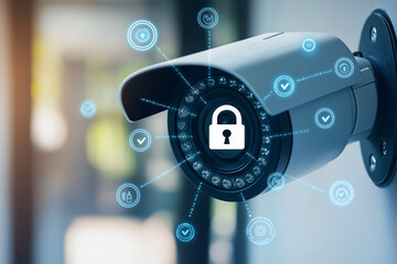 Obraz premium High tech CCTV camera mounted on wall, featuring lock symbol and digital security icons, representing surveillance and safety