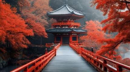 Fototapeta premium Serene autumn scene: Crimson leaves frame a majestic temple, linked by a vibrant red bridge. Tranquil beauty.