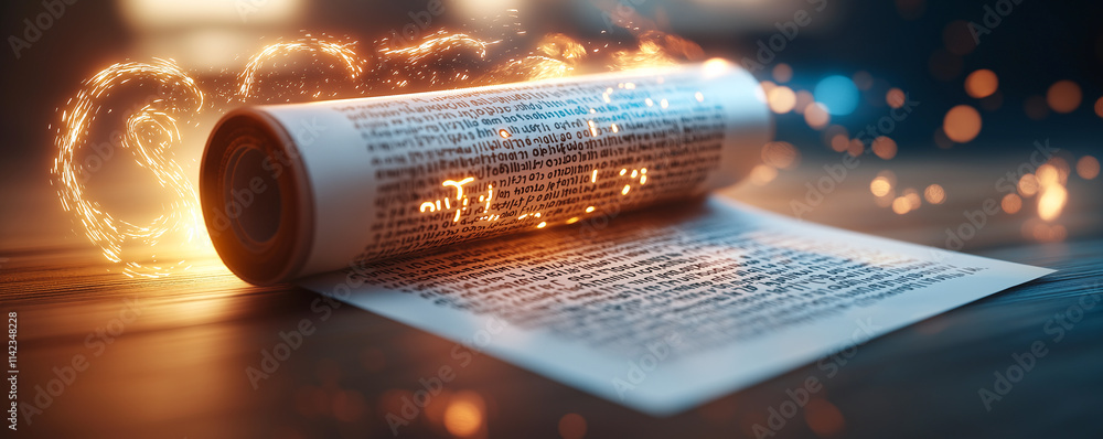 Poster cinematic shot of ancient scroll with glowing text and sparks. scroll is partially unrolled, reveali