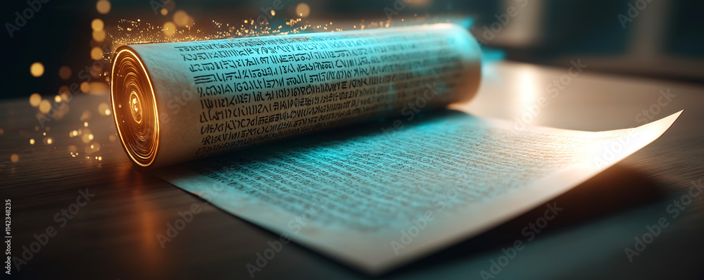 Poster cinematic shot of ancient scroll with glowing text, revealing secrets. warm light and magical sparkl