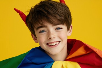 Boy Smiling Wearing Rainbow Cape And Horns