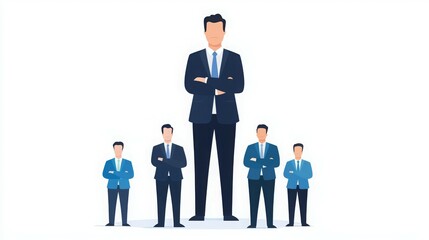 A tall businessman stands confidently above shorter colleagues, symbolizing leadership and hierarchy.