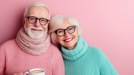 Happy senior couple enjoying coffee together against a pink background
