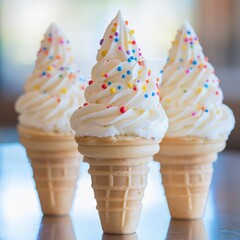 three vanilla ice cream cones with sprinkles