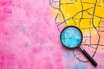 A dreamy watercolor depiction of a magnifying glass over a map, with pastel tones and flowing brushstrokes creating a sense of discovery