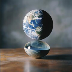 Balanced Earth globe and reflection on wood.